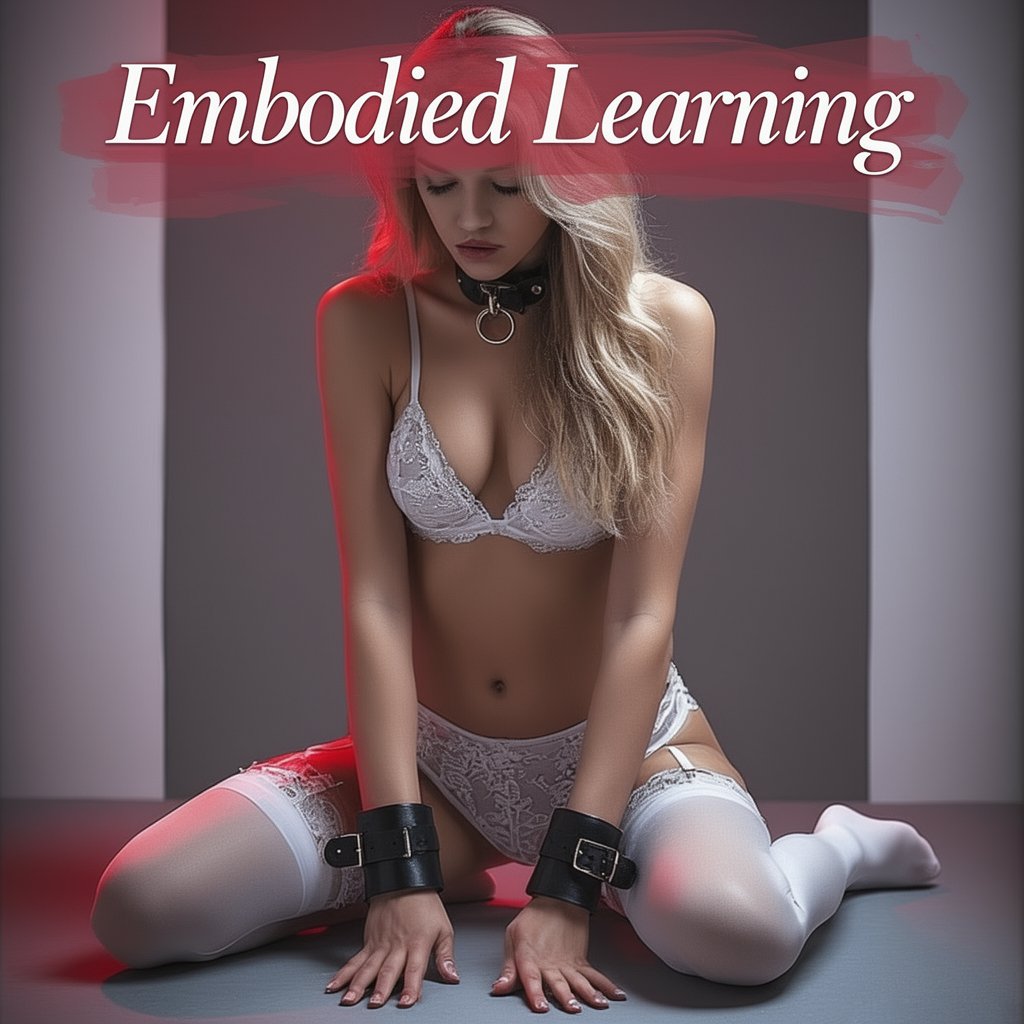 The Path of Training | Understanding BDSM Training 2 A kneeling submissive woman wearing cuffs and lingerie, reflecting embodied learning, submissive training, and the quiet surrender of the BDSM lifestyle