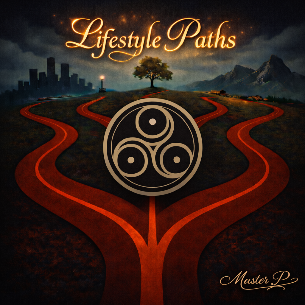 Illustration of diverging red paths beneath a triskelion symbol, representing BDSM lifestyle paths, personal choice, power exchange, and intentional direction within the BDSM lifestyle.