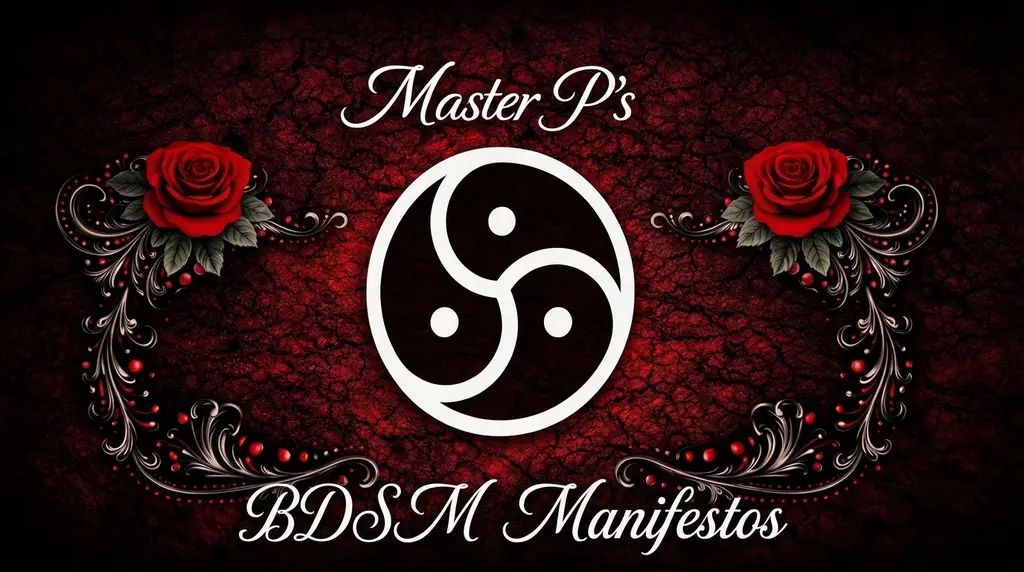 White emblem framed by red roses and filigree on dark cracked background, representing philosophy and power exchange within the BDSM lifestyle