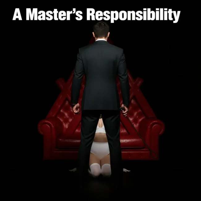 A BDSM Master standing in composed authority before a kneeling submissive, symbolising responsibility, leadership, and ethical power exchange within the BDSM lifestyle.