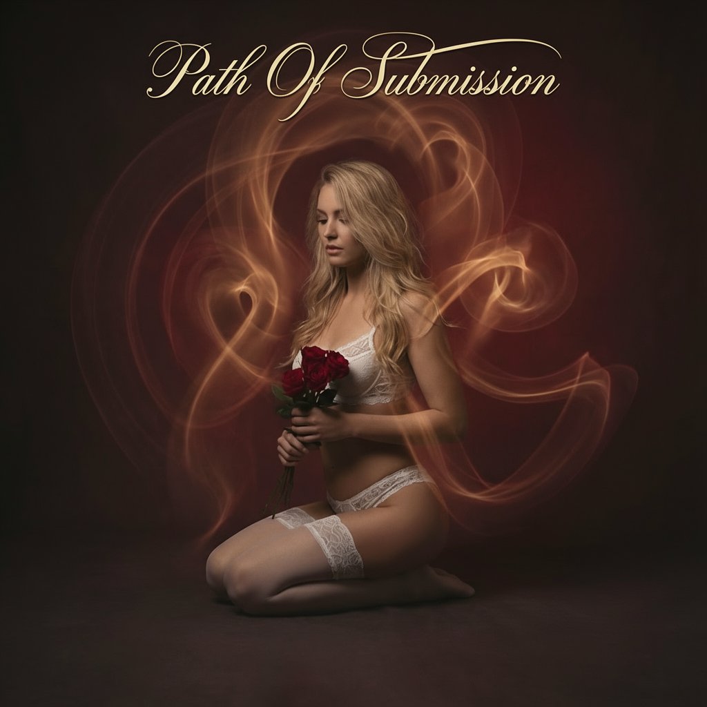 A kneeling woman holding red roses with eyes lowered, symbolising trust, devotion, and inner choice within the BDSM lifestyle and power exchange dynamic.