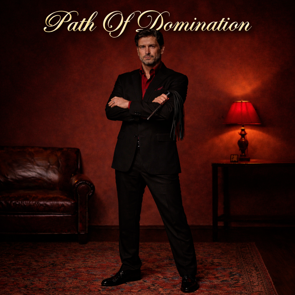 A well-dressed man stands in an authoritative posture holding a flogger, symbolising the Path of Domination, responsibility, and leadership within the BDSM lifestyle.