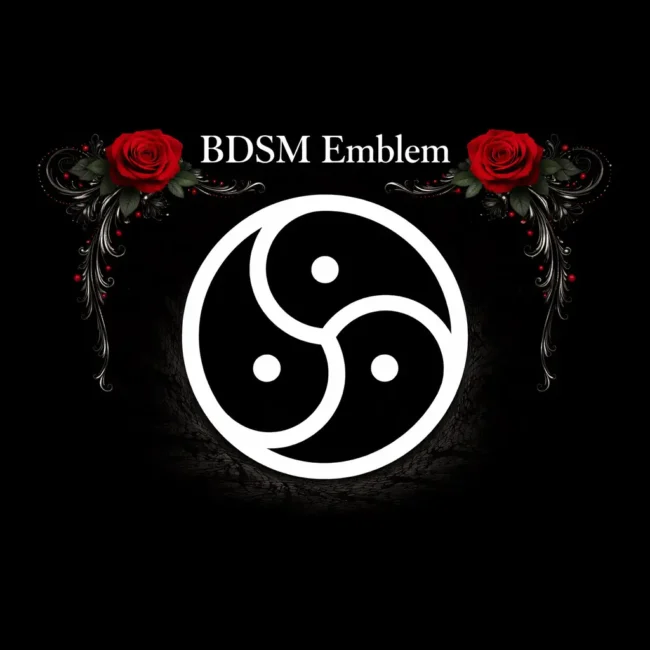 A BDSM emblem featuring a triskelion symbol framed by red roses, representing balance, power exchange, and responsibility within the BDSM lifestyle.