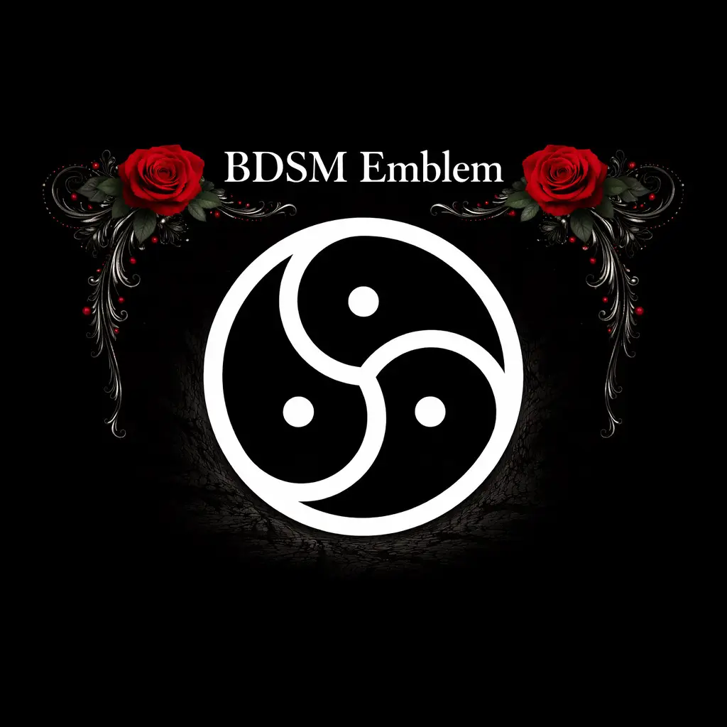 The Path of History | Understanding BDSM History 3 A BDSM emblem featuring a triskelion symbol framed by red roses, representing balance, power exchange, and responsibility within the BDSM lifestyle.