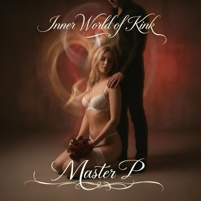 A kneeling woman in lingerie with a calm, introspective posture, guided by a standing man, symbolising the BDSM lifestyle, power exchange, and the inner world of desire shaped through erotic triggers.