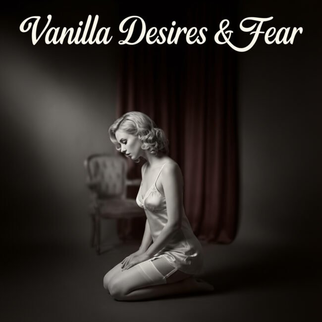 A woman kneels quietly with her head lowered, expressing vulnerability and inner conflict, symbolising vanilla desires, power exchange, and the moment before conscious submission within a BDSM lifestyle.