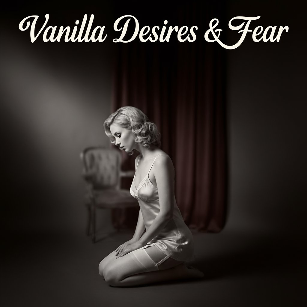A woman kneels quietly with her head lowered, expressing vulnerability and inner conflict, symbolising vanilla desires, power exchange, and the moment before conscious submission within a BDSM lifestyle.