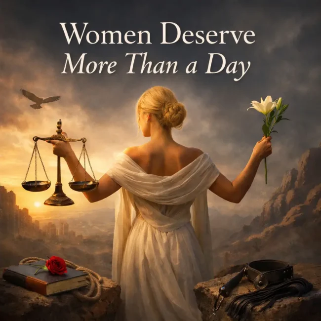 A woman standing between scales and a flower, symbolising balance, dignity, and responsibility on Women’s Day, reflecting respect that goes beyond symbolic celebration