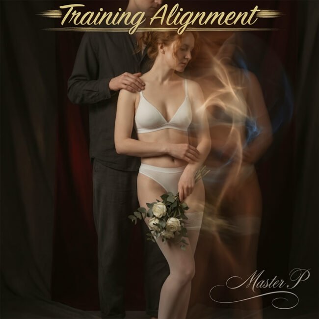 A woman standing calmly in lingerie as her Dominant adjusts her posture, reflecting BDSM training, submission training, power structure, and the quiet alignment formed through trust and correction.