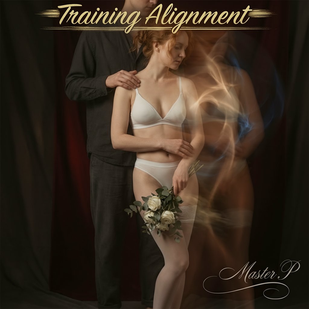 The Path of Training | Understanding BDSM Training 1 A woman standing calmly in lingerie as her Dominant adjusts her posture, reflecting BDSM training, submission training, power structure, and the quiet alignment formed through trust and correction.